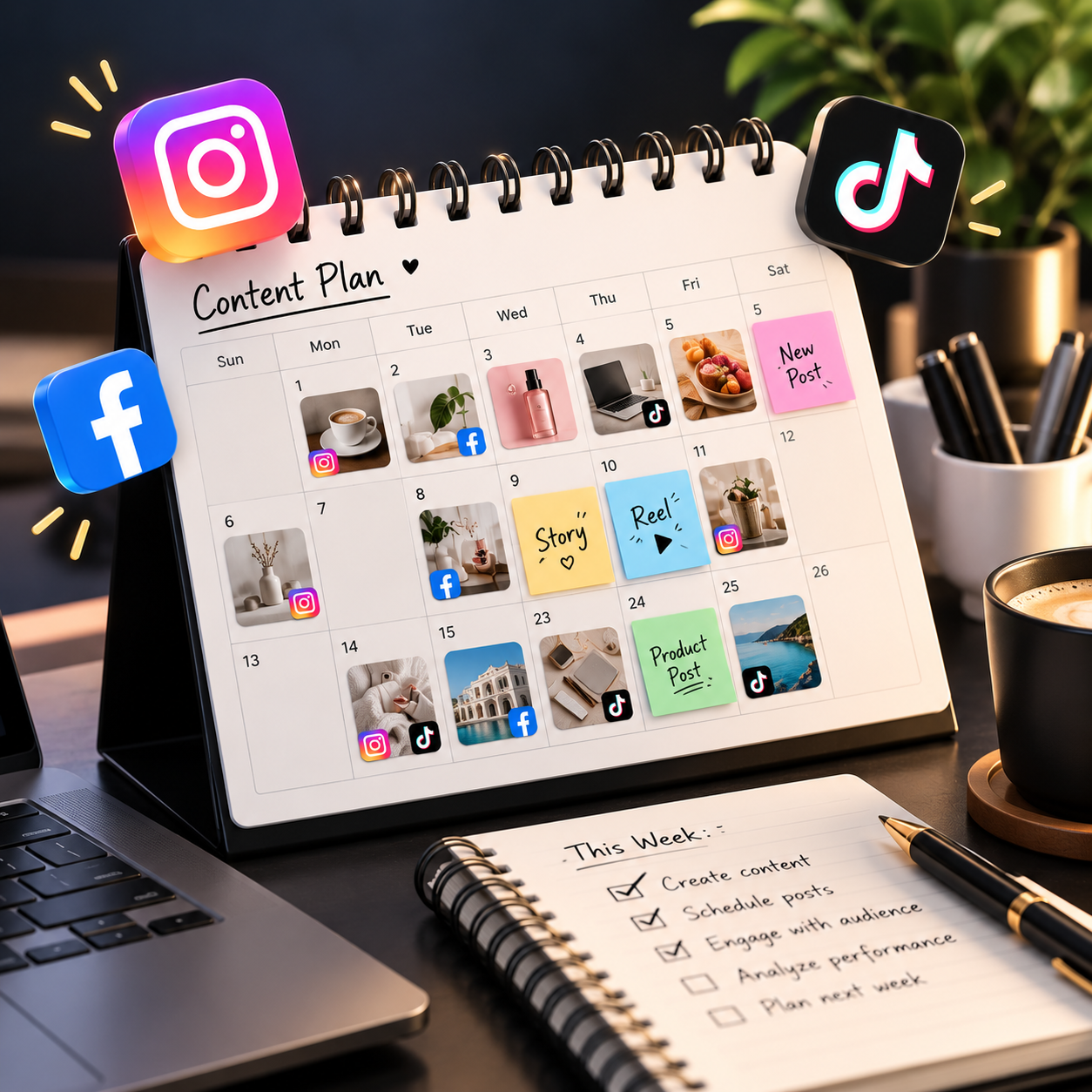 Social media content calendar on a desk