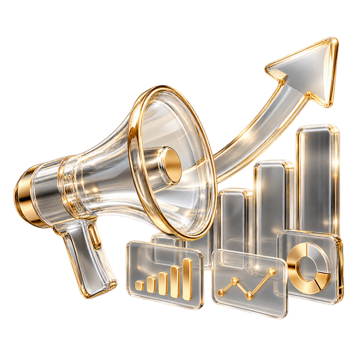 Glass megaphone and growth chart for performance marketing
