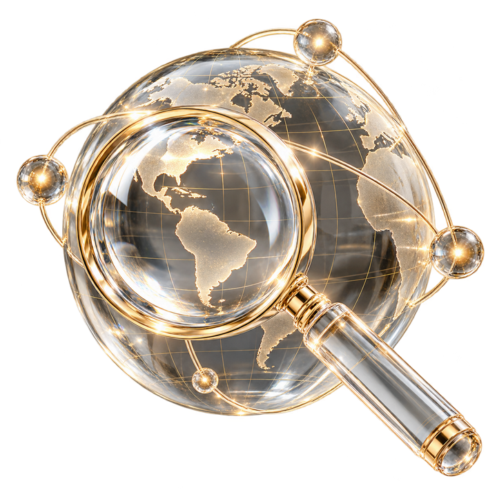 Glass search lens and globe representing SEO and GEO